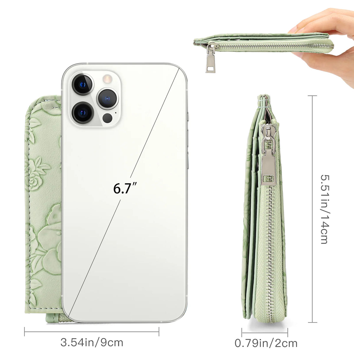 A white phone case with a light green floral pattern and a matching zip coin purse shown alongside the key ring.