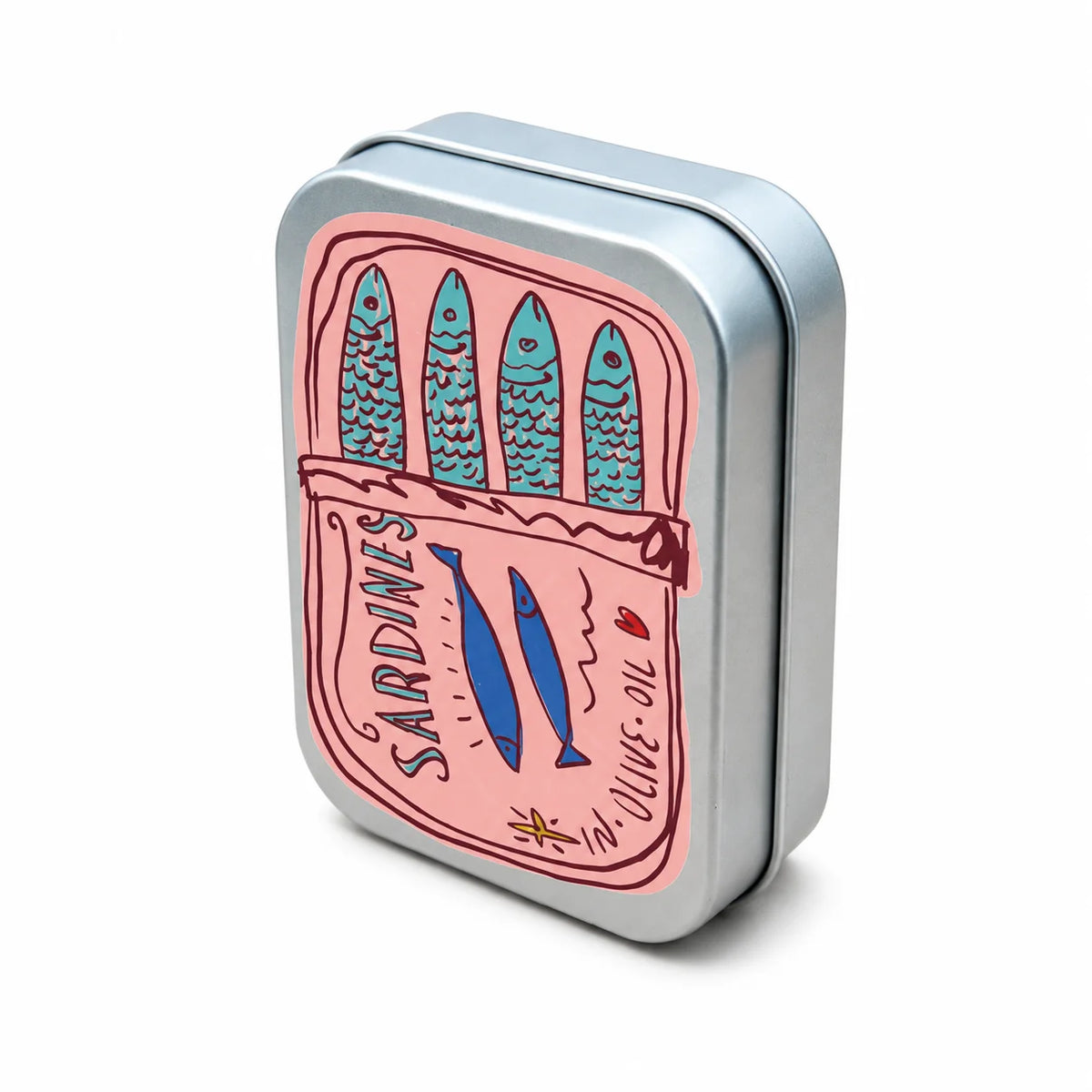 A silver metal box with a pink print of various sardines and text on the lid.