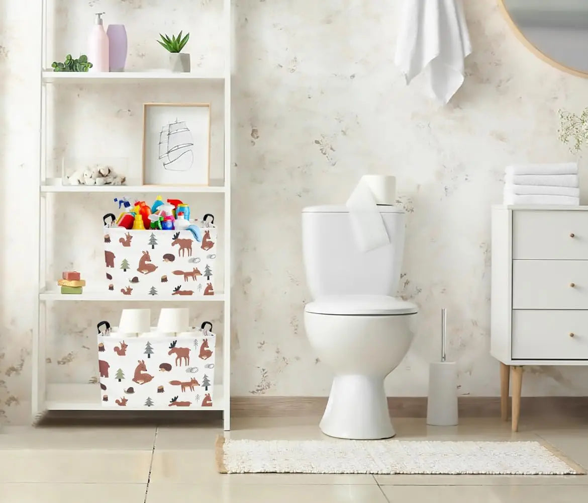 A white toilet and surrounding bathroom decor with a wooden shelf unit displaying various items.