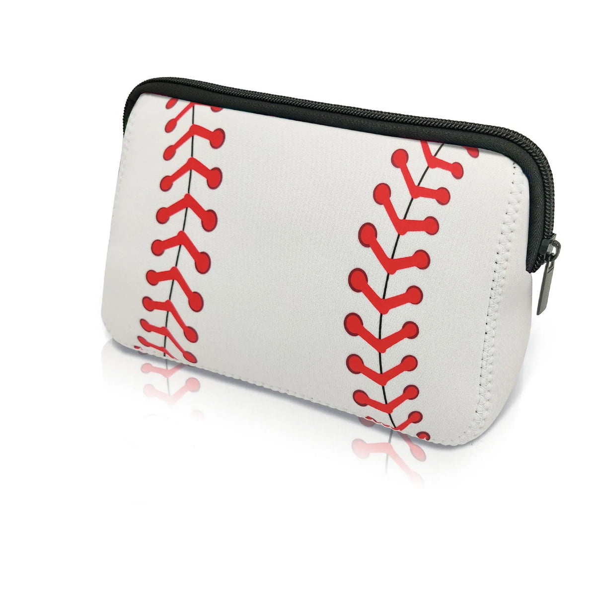 A white cosmetic organizer bag with red stitching in the shape of a baseball seam, shown from the side.