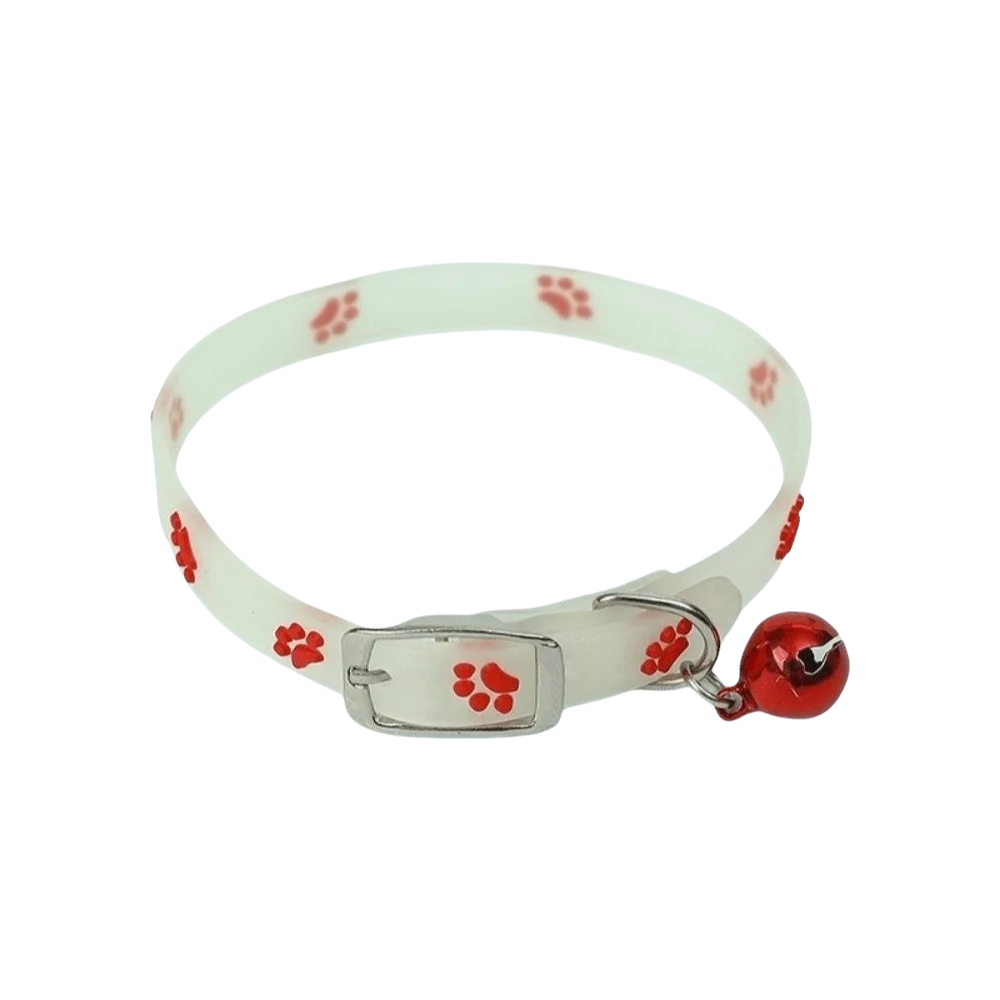 A white glow-in-the-dark pet collar for dogs and cats with red paw prints.