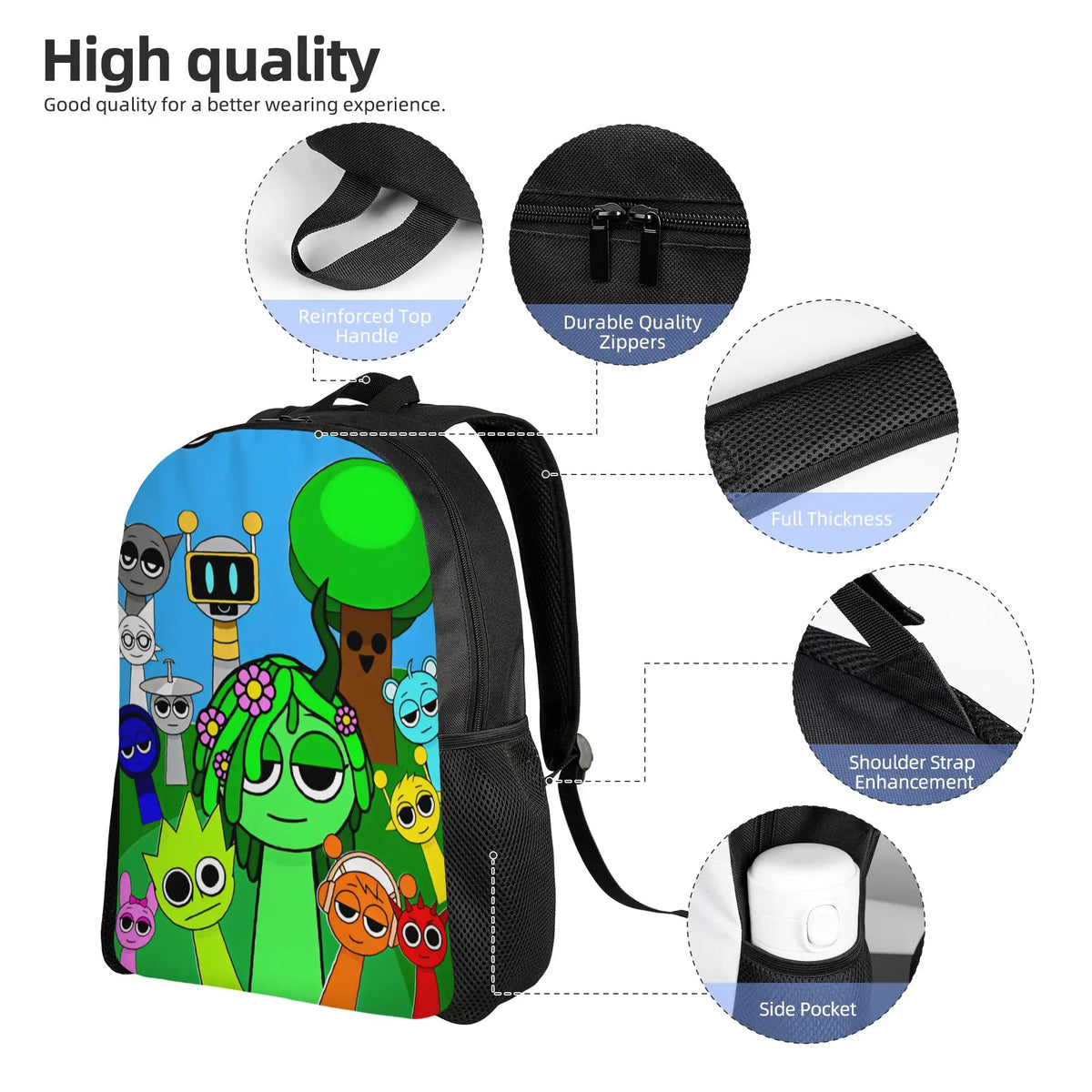 A black backpack featuring a Sprunkis character design, showing details like reinforced top handle and side pockets.