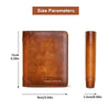 A brown genuine leather bi-fold wallet shown with size parameters and a separate leather sleeve.