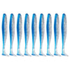 A set of twelve blue and silver adjustable soft lure fishing tackle baits arranged in a row.