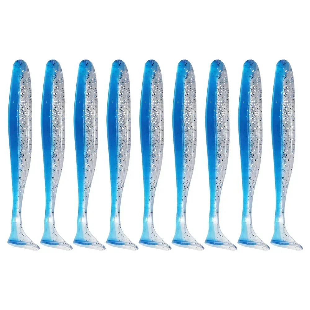 A set of twelve blue and silver adjustable soft lure fishing tackle baits arranged in a row.