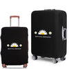 A black rolling suitcase with a dust cover featuring the text Beautiful Confusion on the side.
