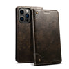 A dark brown magnetic leather flip case with a clear glass back and card holder features a camera module.