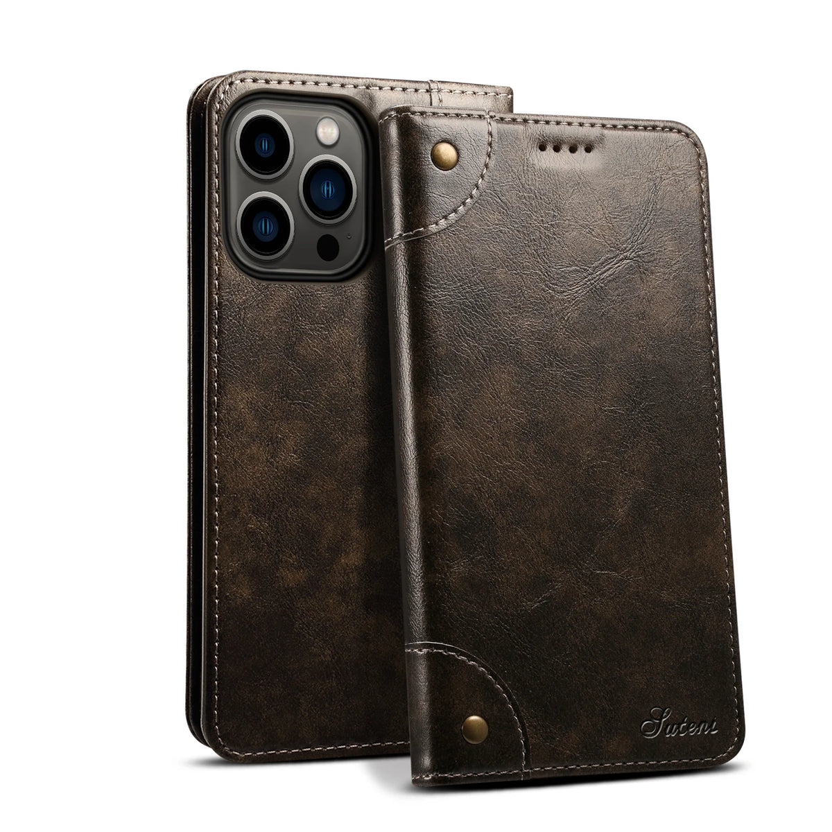 A dark brown magnetic leather flip case with a clear glass back and card holder features a camera module.