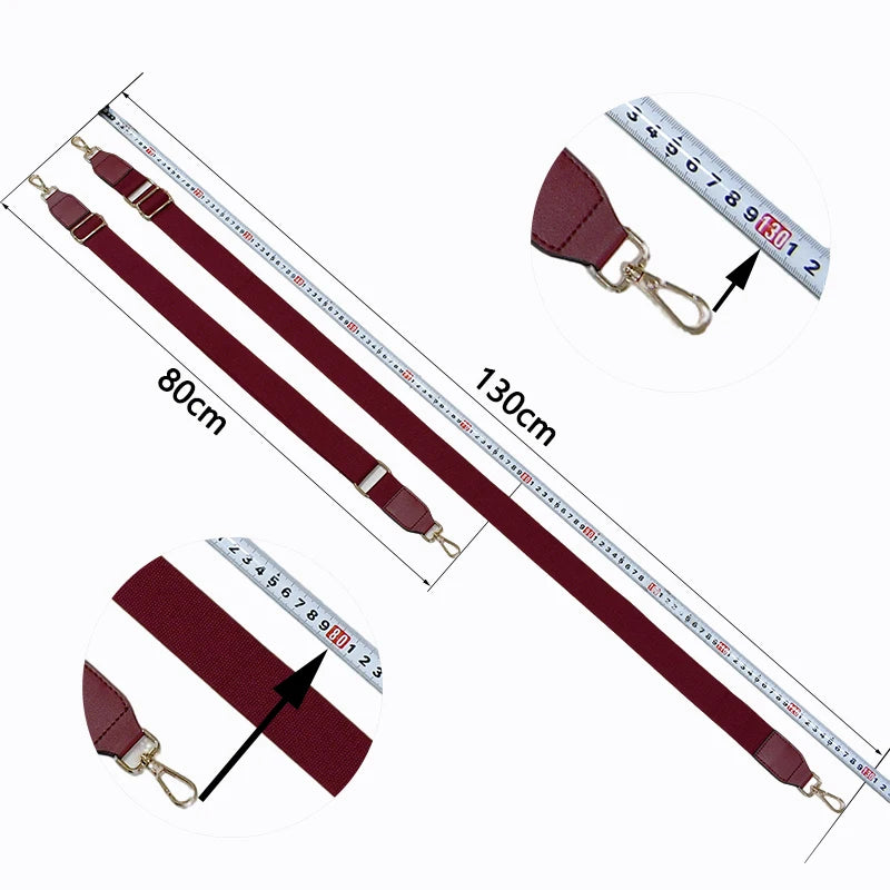 A maroon canvas cotton bag strap with metal hooks shown in various lengths and close-up views.