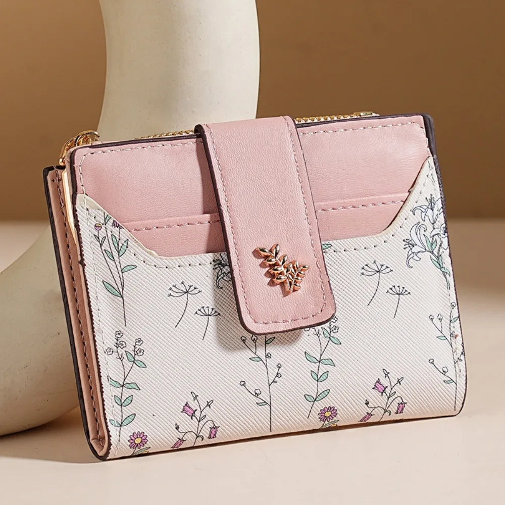A pink and white patterned fashion PU leather slim card holder wallet displayed on a light background.