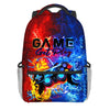 A vibrant red and blue gaming themed backpack featuring a stylized controller design.