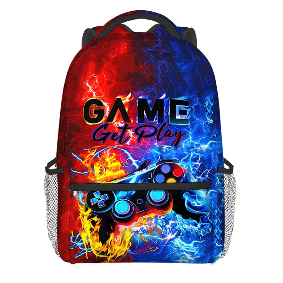A vibrant red and blue gaming themed backpack featuring a stylized controller design.