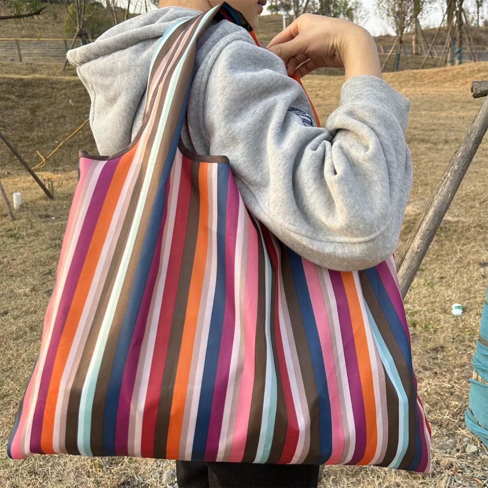 A person holds a striped grocery tote bag with multicolored vertical stripes against a dry, grassy outdoor background.