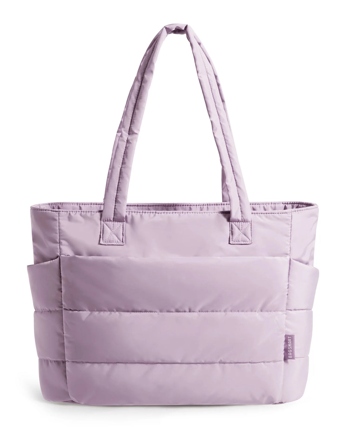 A lavender quilted tote bag with padded handles shown against a white background.