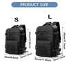 Black expandable vacuum compression travel backpack shown in small (S) and large (L) sizes.