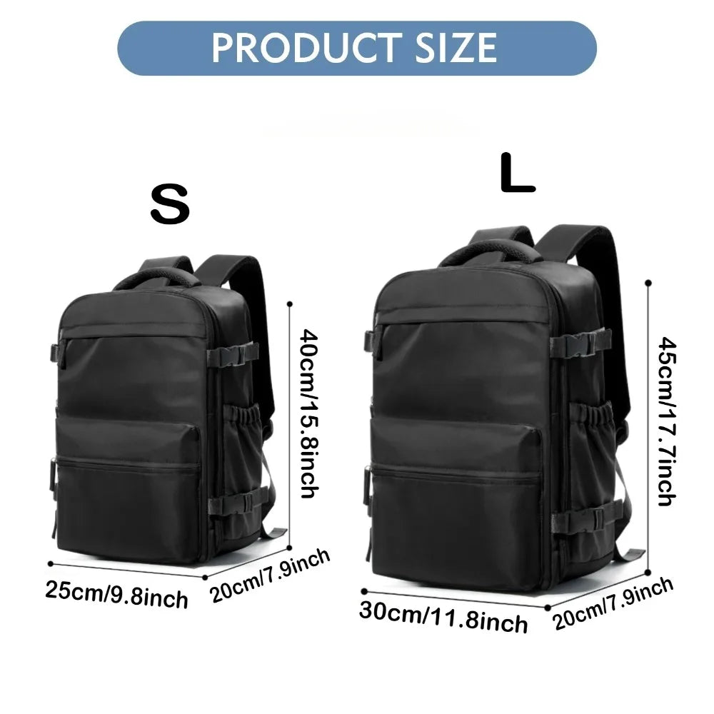 Black expandable vacuum compression travel backpack shown in small (S) and large (L) sizes.