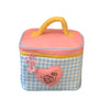 A pink insulated lunch bag with a yellow handle and a blue checkered pattern featuring a heart design.