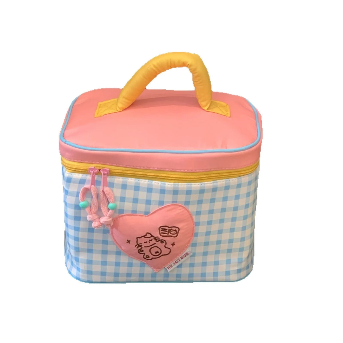 A pink insulated lunch bag with a yellow handle and a blue checkered pattern featuring a heart design.