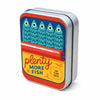 A silver metal storage box with a colorful print featuring blue fish and the text Plenty More Fish in the sea.