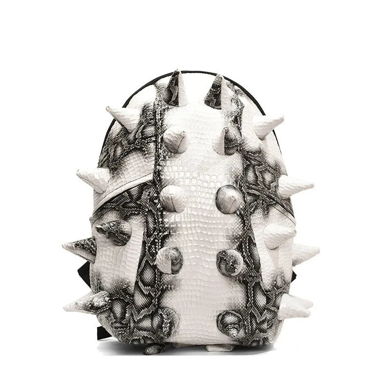 A white hedgehog shaped PU backpack with black and gray patterned details.