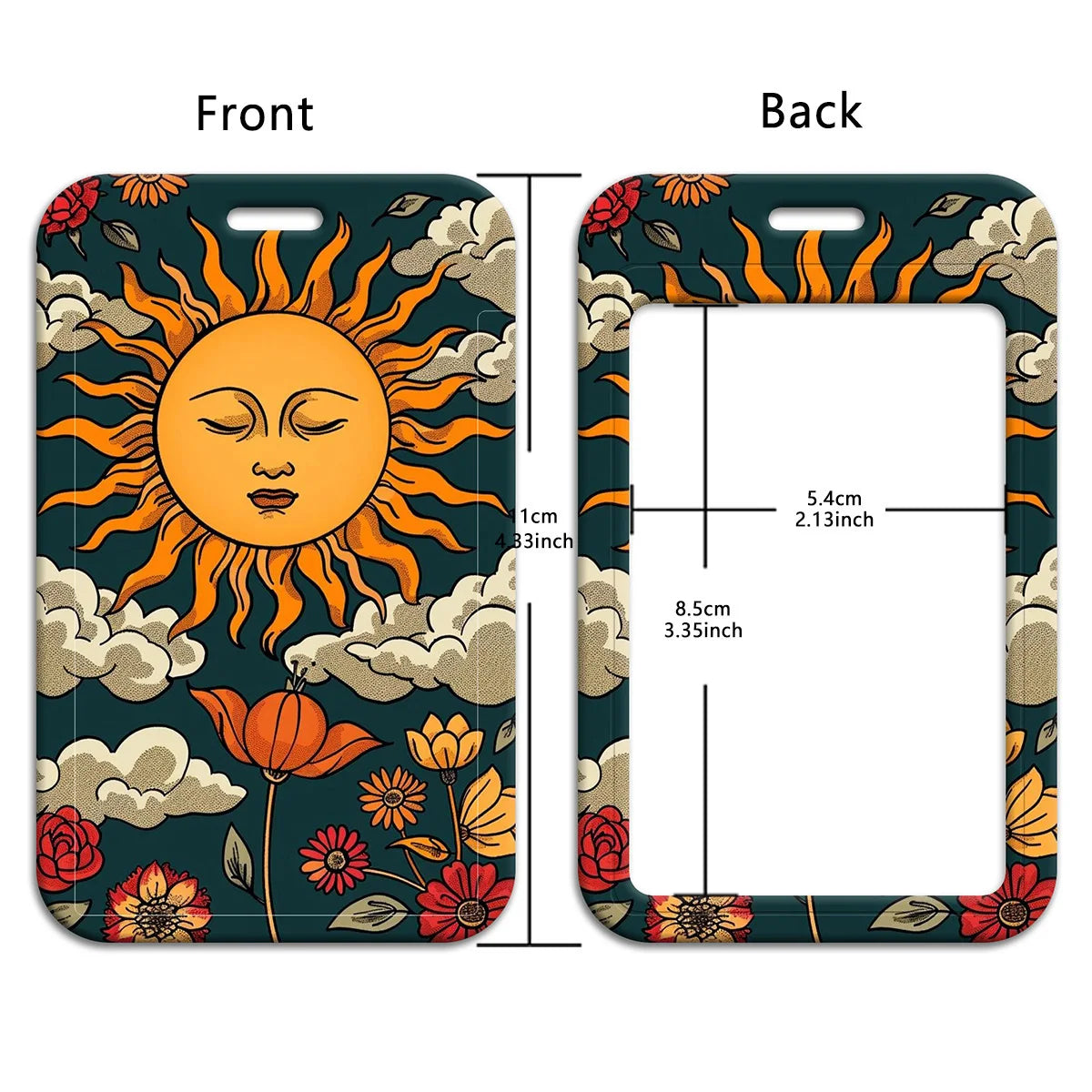 Front and back views of a dark teal lanyard key ring featuring a sun design and floral patterns.