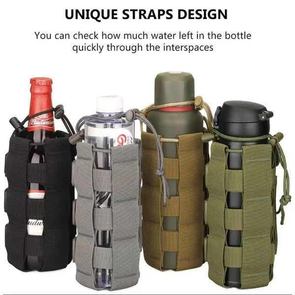Three tactical water bottle pouches in black, gray, and olive green showing how to check water levels.