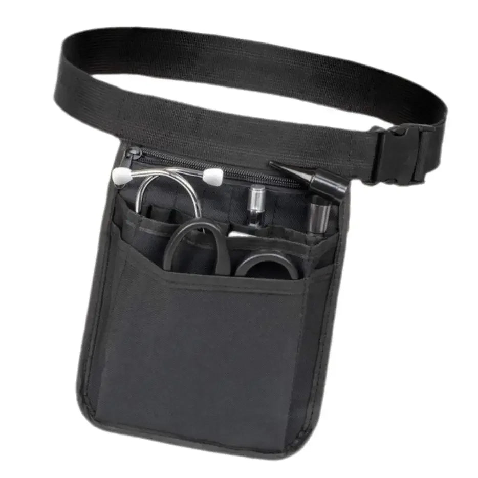 Black nurse organizer belt waist bag with multiple pockets and a strap