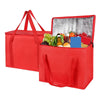 A red foldable insulated grocery and food cooler bag with a mesh lid showing fresh produce.