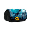 A black pencil case featuring a Jurassic Park themed design with dinosaurs and cityscapes.