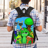 A person wearing a plaid shirt carries a black backpack featuring colorful Sprunkis characters.
