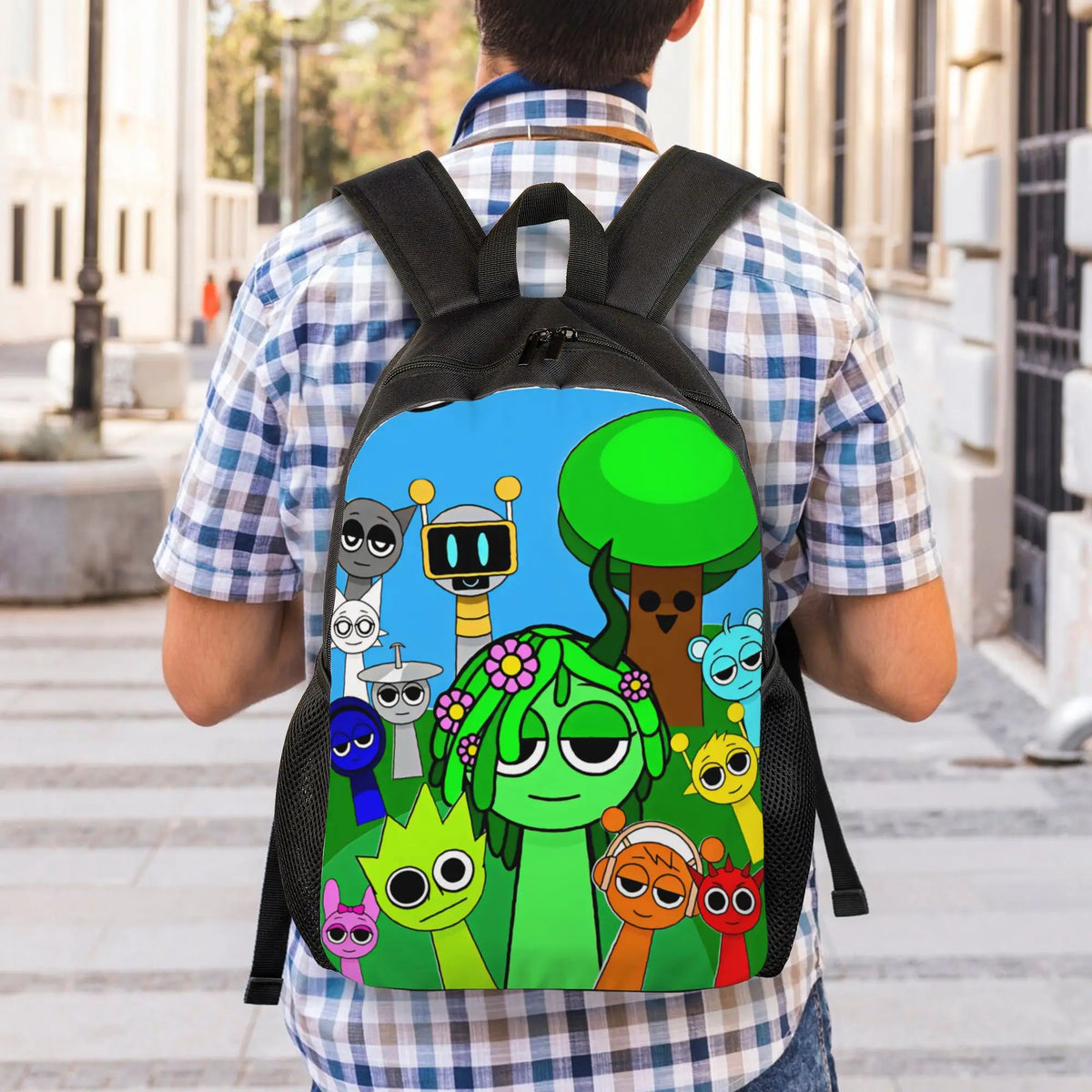 A person wearing a plaid shirt carries a black backpack featuring colorful Sprunkis characters.