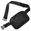 Black PU leather crossbody waist bag with adjustable strap and zipper.