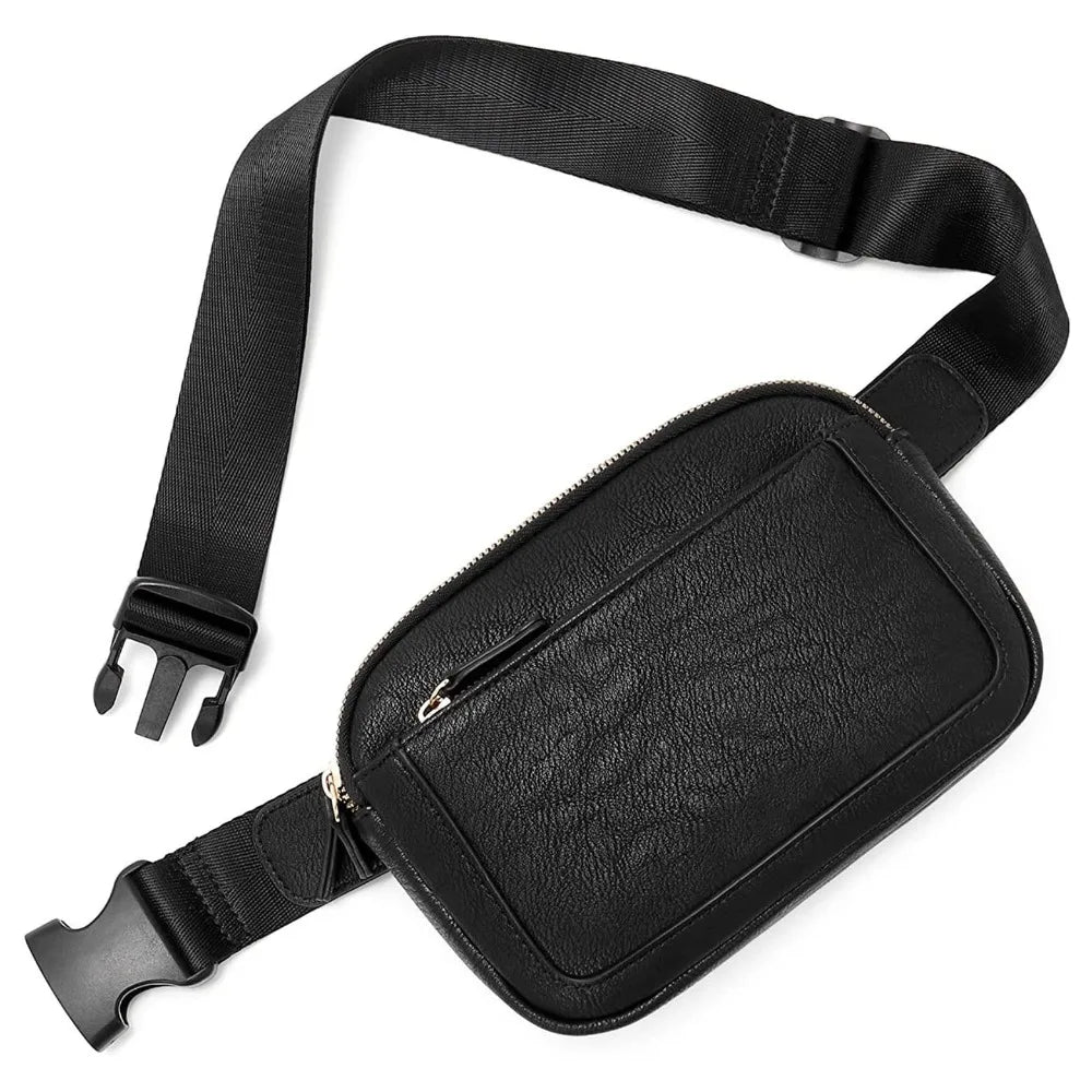 Black PU leather crossbody waist bag with adjustable strap and zipper.