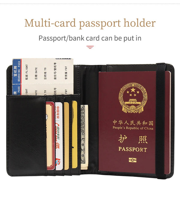 Black leather multi-card passport holder with various documents and a passport visible.
