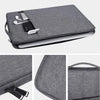 A gray all-in-one laptop sleeve designed for Apple and PC, shown in various angles.