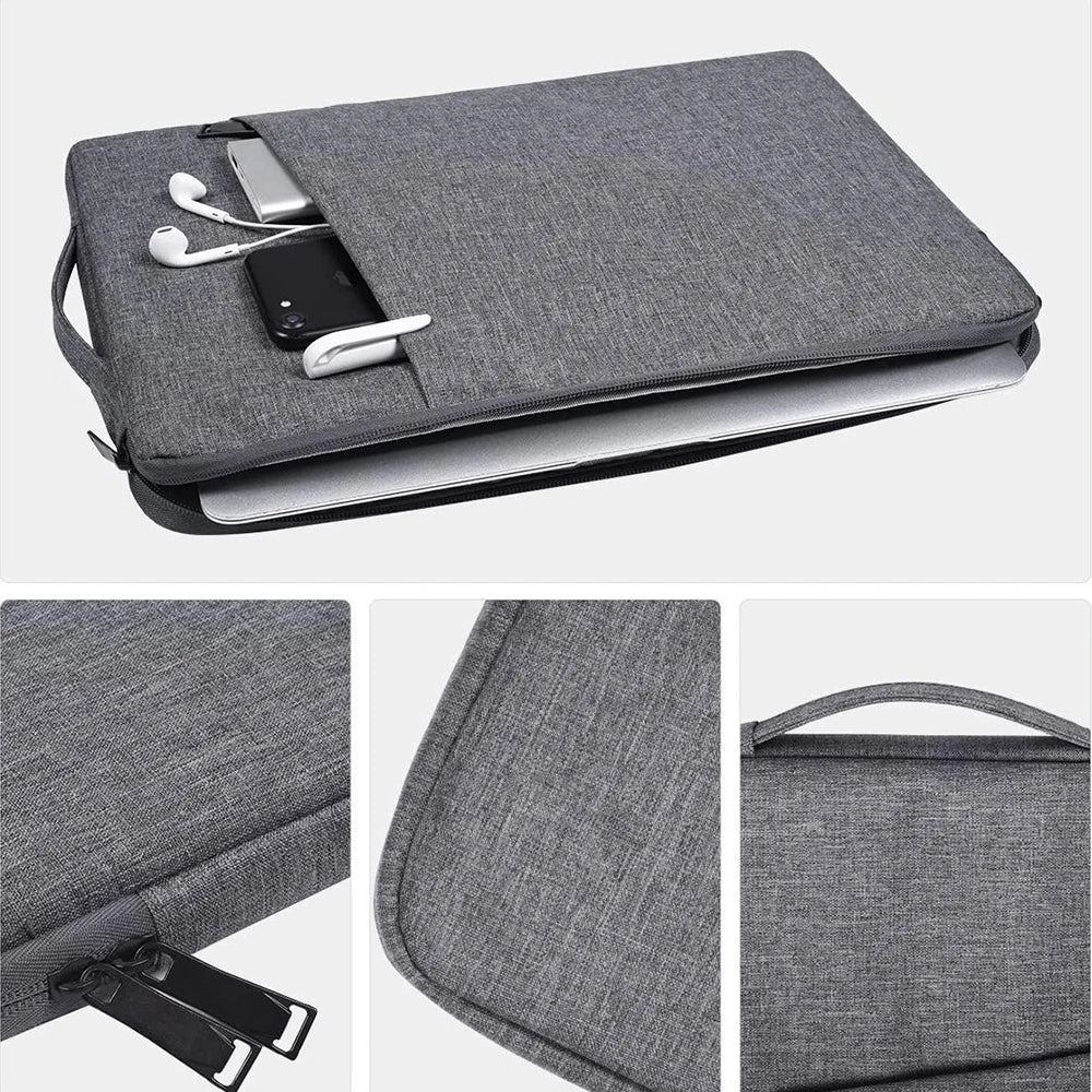 A gray all-in-one laptop sleeve designed for Apple and PC, shown in various angles.