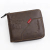 A dark brown vintage PU leather wallet with stitching and a flap, featuring a coin pocket and card holder.