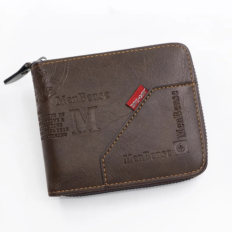 A dark brown vintage PU leather wallet with stitching and a flap, featuring a coin pocket and card holder.