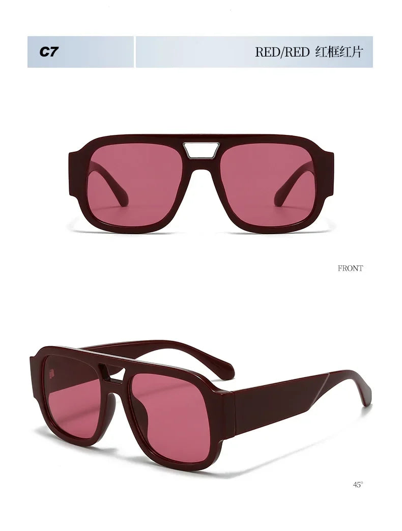 Front view of dark reddish-brown square sunglasses with a tortoiseshell frame and pink lenses.