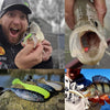 A close-up photo shows various types of fishing lures, including spoons and jigs, resting on a rock.