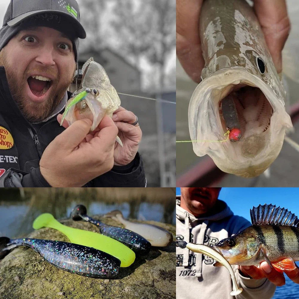 A close-up photo shows various types of fishing lures, including spoons and jigs, resting on a rock.