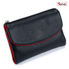 Black genuine leather mini card holder wallet with red stitching and RFID protection logo
