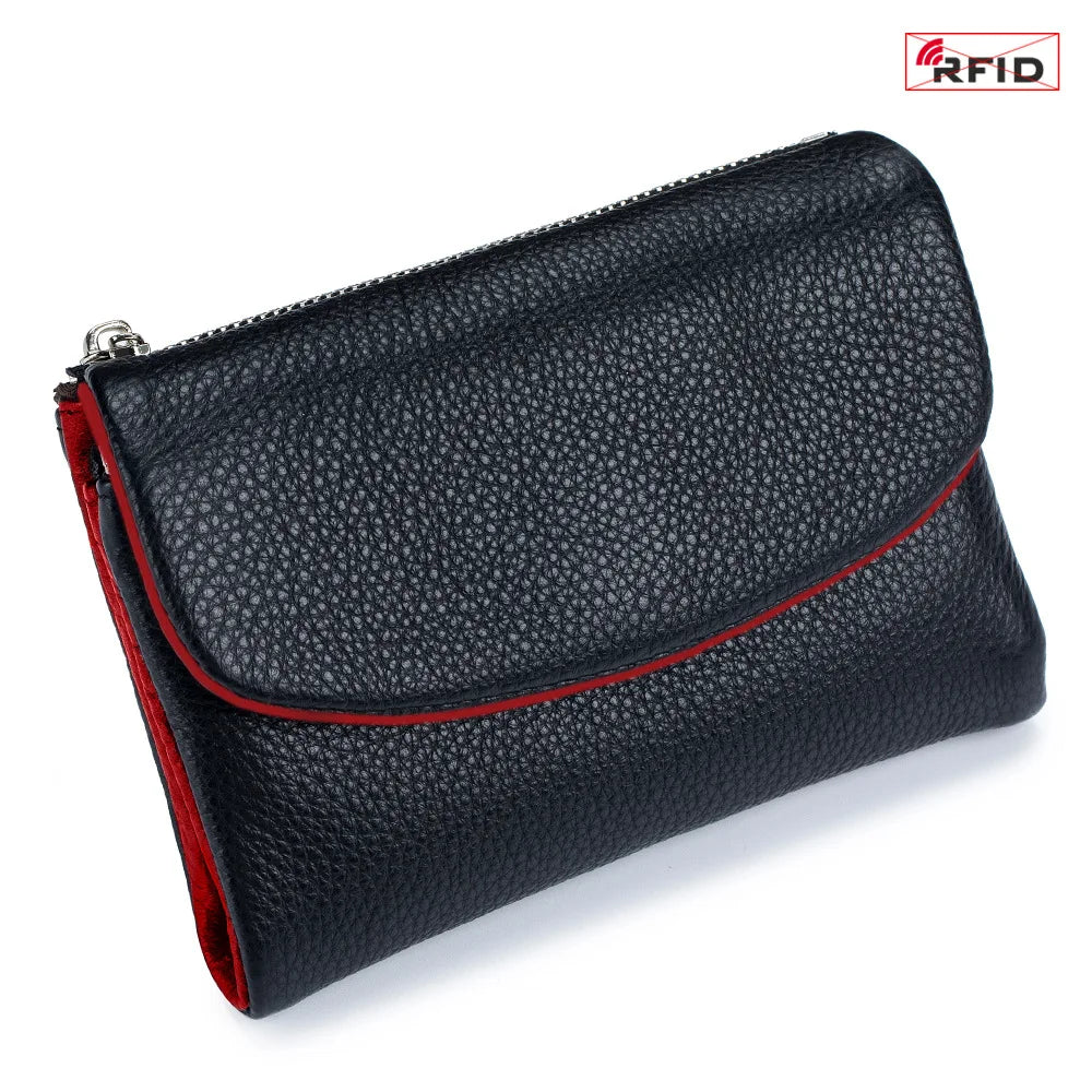 Black genuine leather mini card holder wallet with red stitching and RFID protection logo