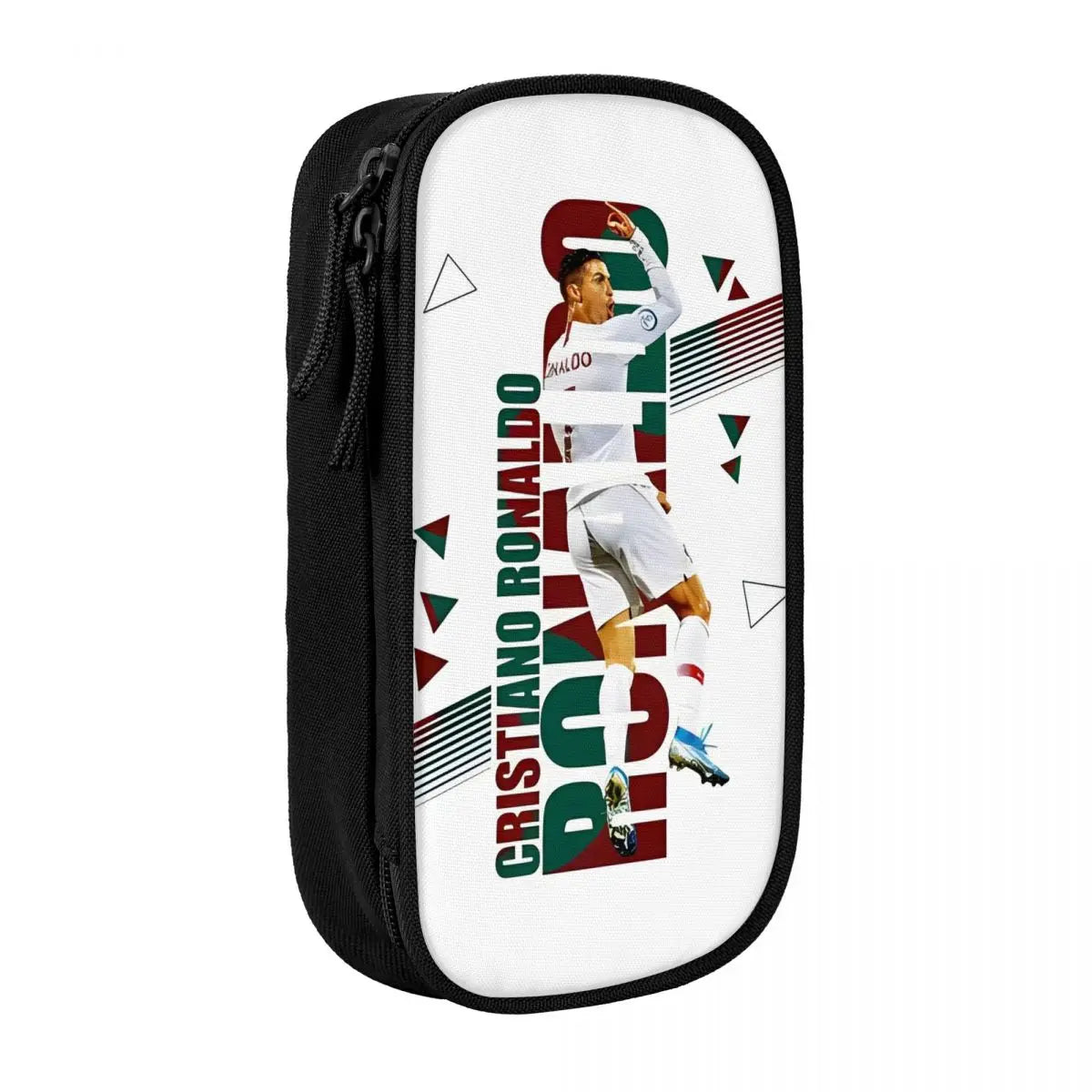 A black pencil case featuring a graphic design of Cristiano Ronaldo in a soccer uniform.
