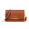 A brown leather women's multi-card shoulder wallet with gold hardware.