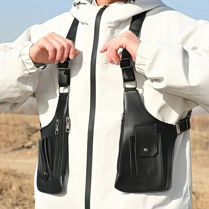 Ein Mann mit weißer Jacke hält eine schwarze taktische Storage-Tasche auf der Schulter.