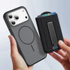 A hand holds a gray smartphone case and a black magnetic PU leather phone wallet with a card holder.