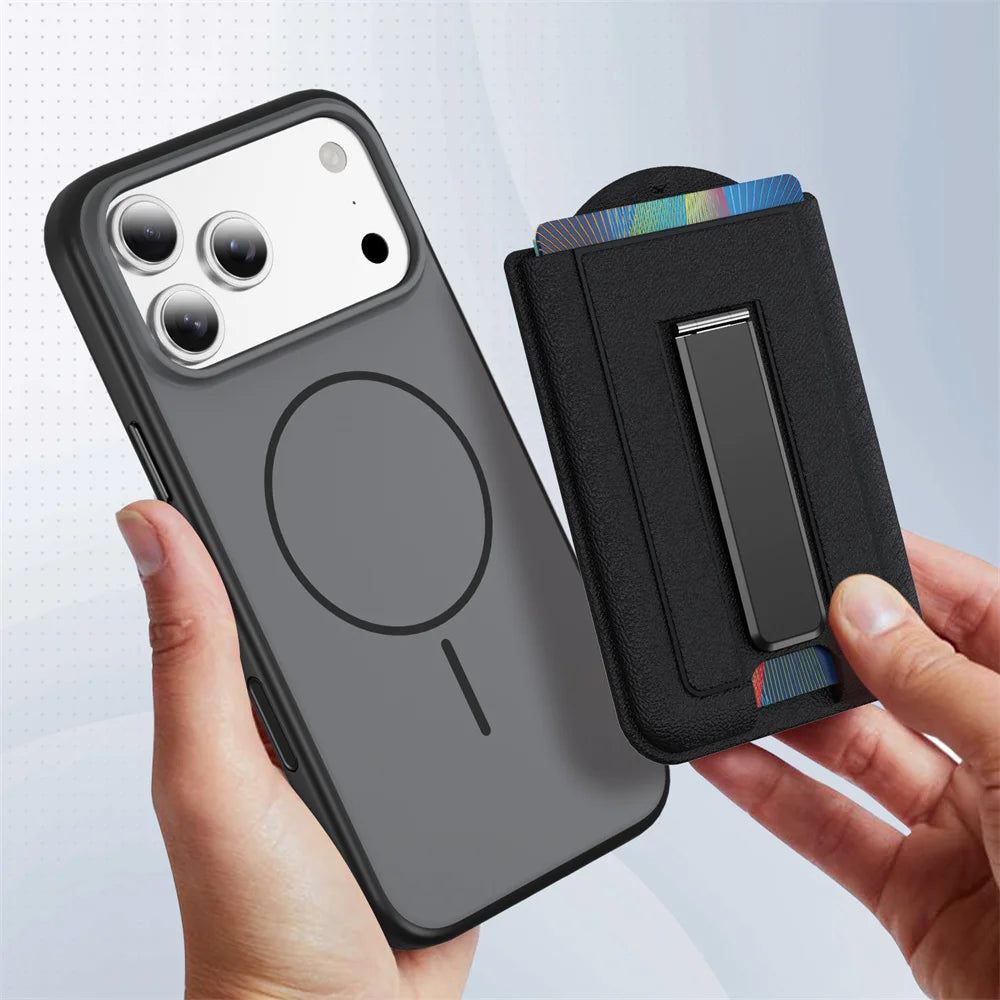 A hand holds a gray smartphone case and a black magnetic PU leather phone wallet with a card holder.