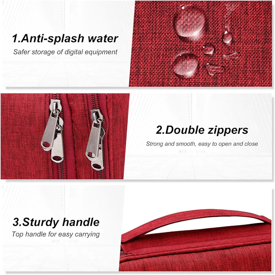 Close-up view of a red organizer pouch showing anti-splash features, double zippers, and a sturdy carrying handle.
