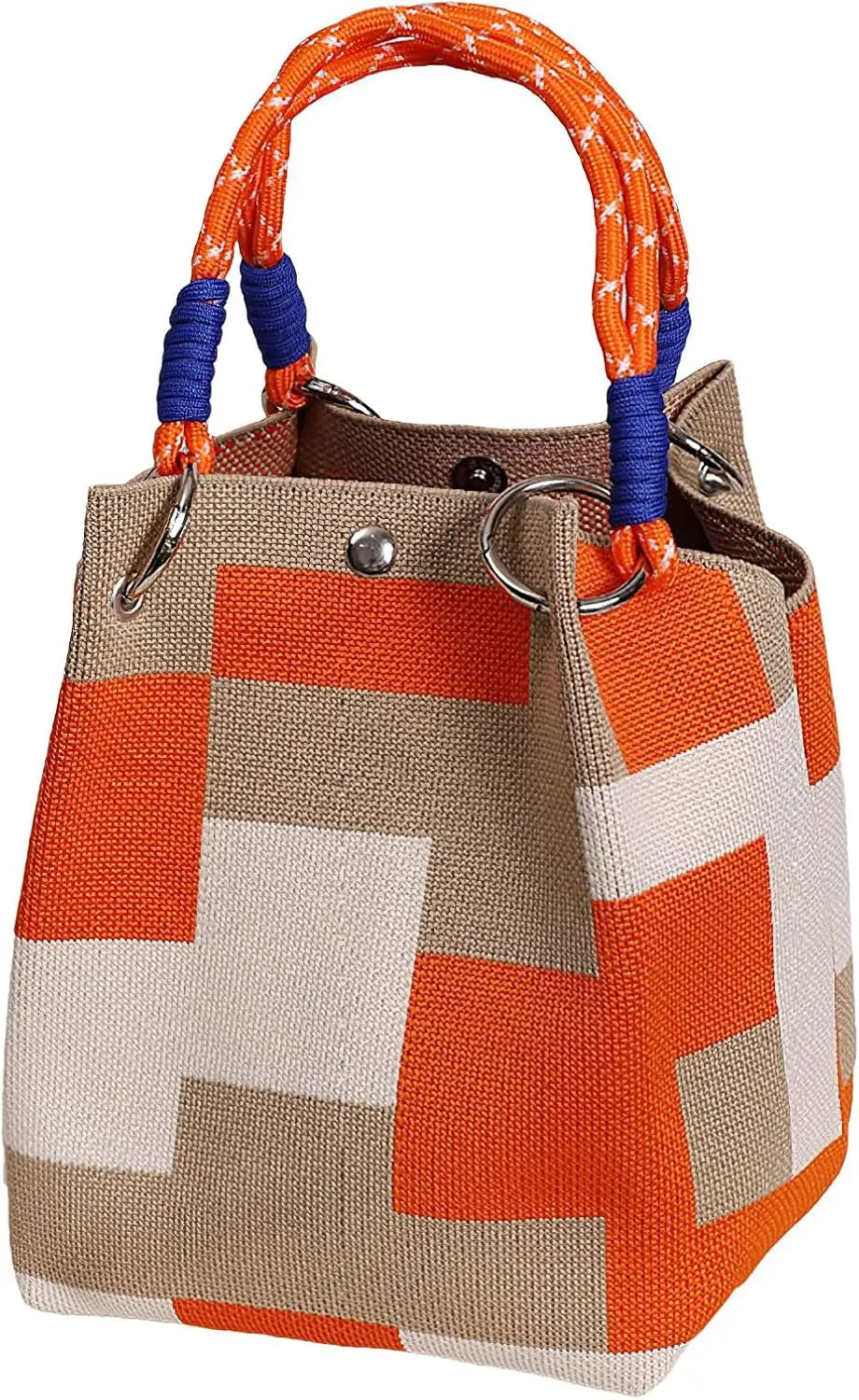A knitted bucket bag featuring a geometric colorblock pattern in shades of orange, beige, and white with blue handles.